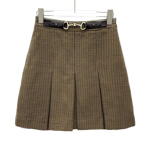 FW0028 Celine Brown Leather Horsebit Belt Wool Casual Pleated Skirt Short Skirt